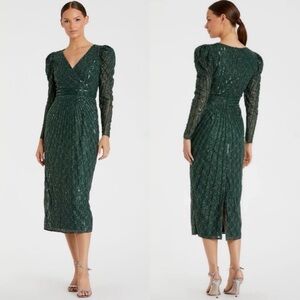 NWT - Mac Duggal 93676 Beaded Lace Long Sleeve Midi Dress